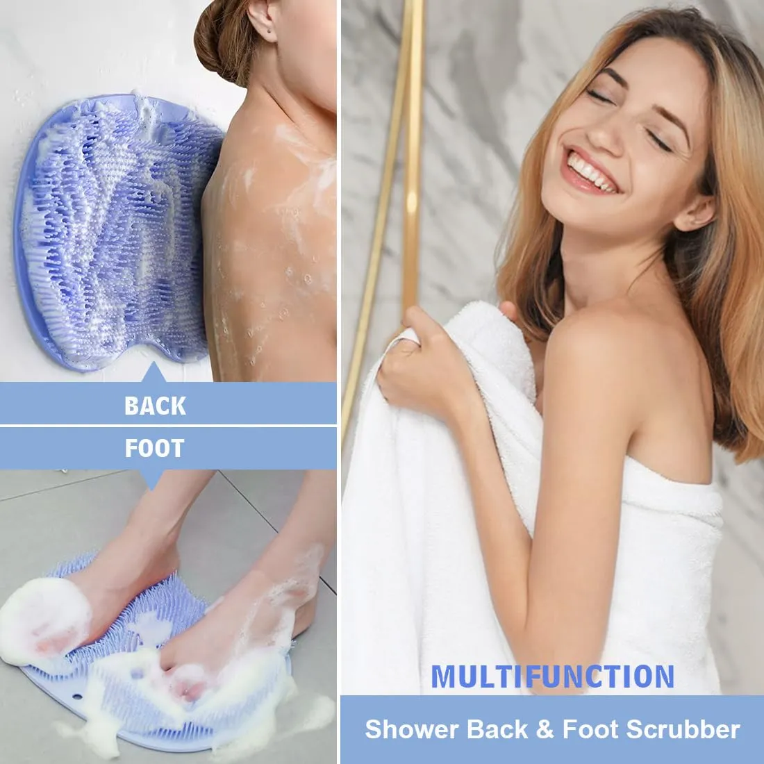 1 Pcs Shower Back & Foot Scrubber,Wall Mounted Back Scrubber Silicone Bath Massage Cushion Brush with Suction Cups,Bathroom Wash Foot Mat Exfoliating Dead Skin Foot Brush (L-Blue)