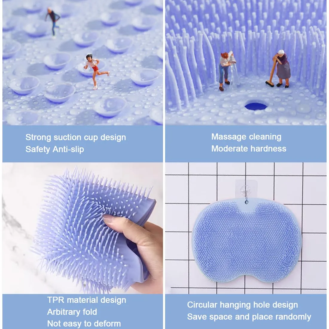 1 Pcs Shower Back & Foot Scrubber,Wall Mounted Back Scrubber Silicone Bath Massage Cushion Brush with Suction Cups,Bathroom Wash Foot Mat Exfoliating Dead Skin Foot Brush (L-Blue)