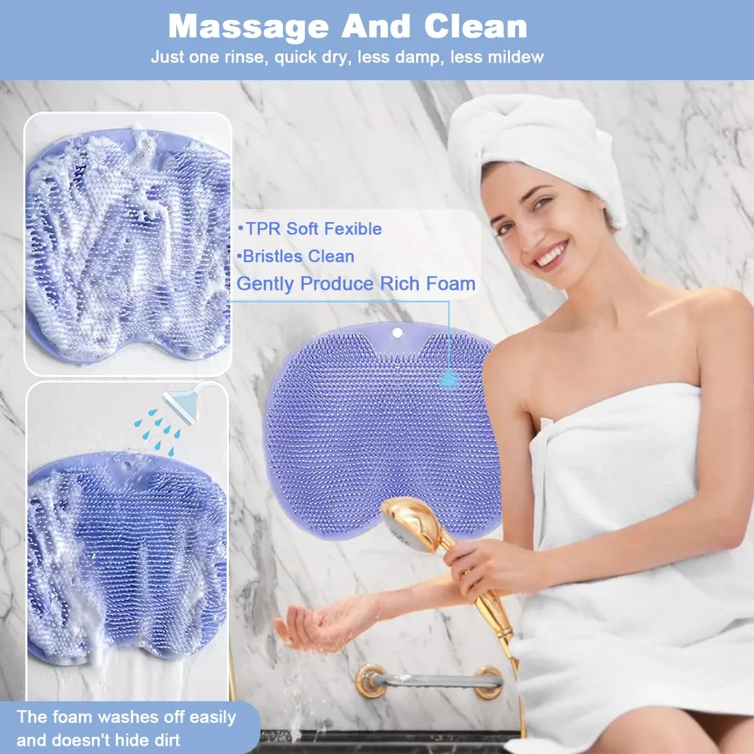 1 Pcs Shower Back & Foot Scrubber,Wall Mounted Back Scrubber Silicone Bath Massage Cushion Brush with Suction Cups,Bathroom Wash Foot Mat Exfoliating Dead Skin Foot Brush (L-Blue)