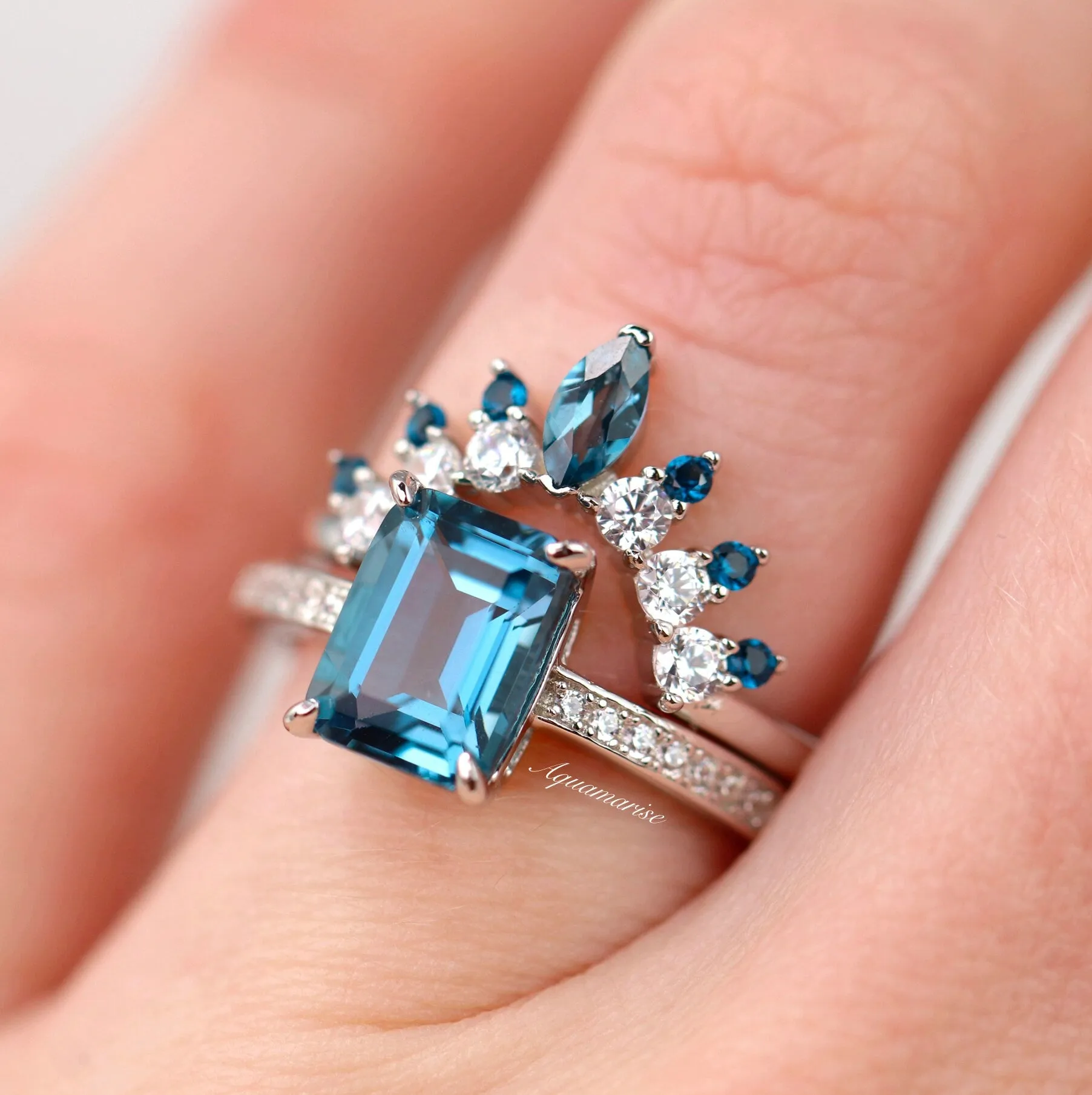 Ava Emerald Cut Natural London Blue Topaz Ring- Sterling Silver