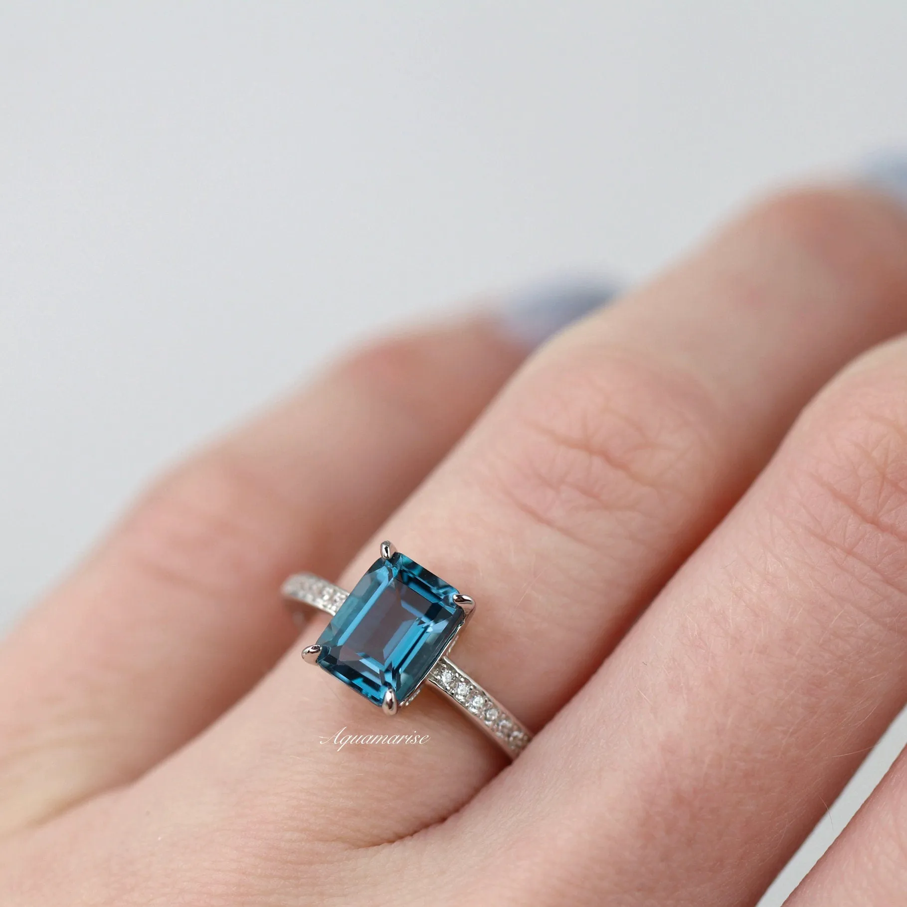 Ava Emerald Cut Natural London Blue Topaz Ring- Sterling Silver