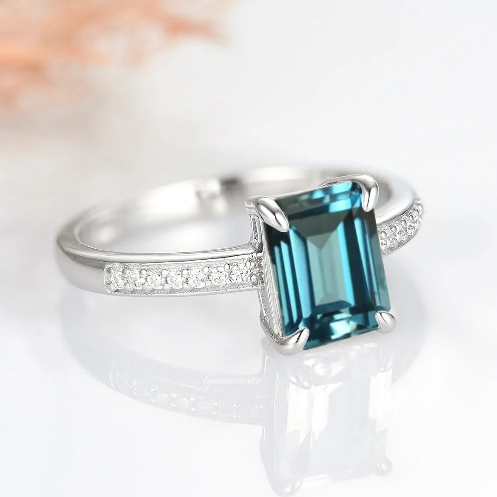 Ava Emerald Cut Natural London Blue Topaz Ring- Sterling Silver