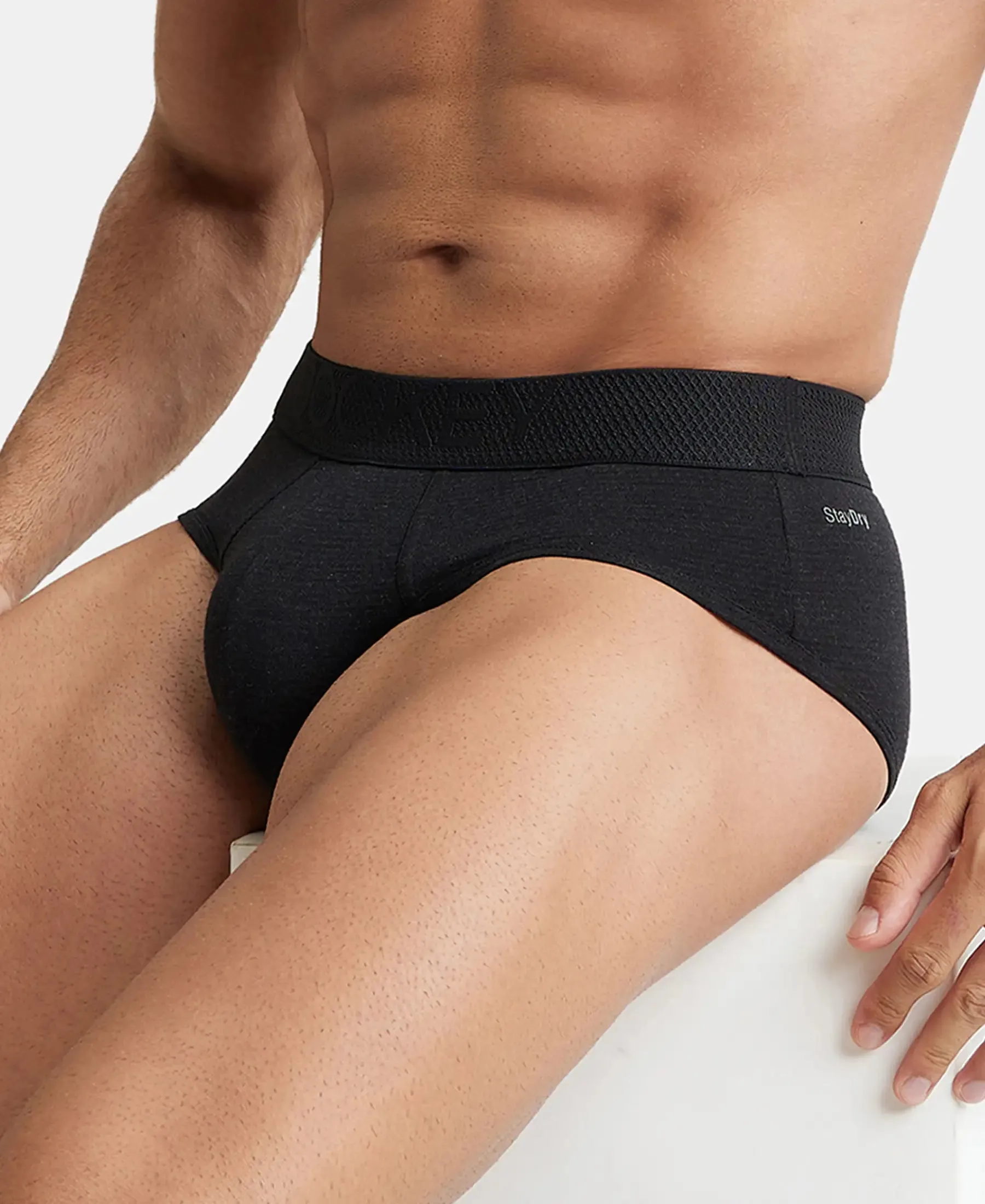 Bamboo Cotton Elastane Stretch Breathable Mesh Brief with StayDry Treatment - Black Melange