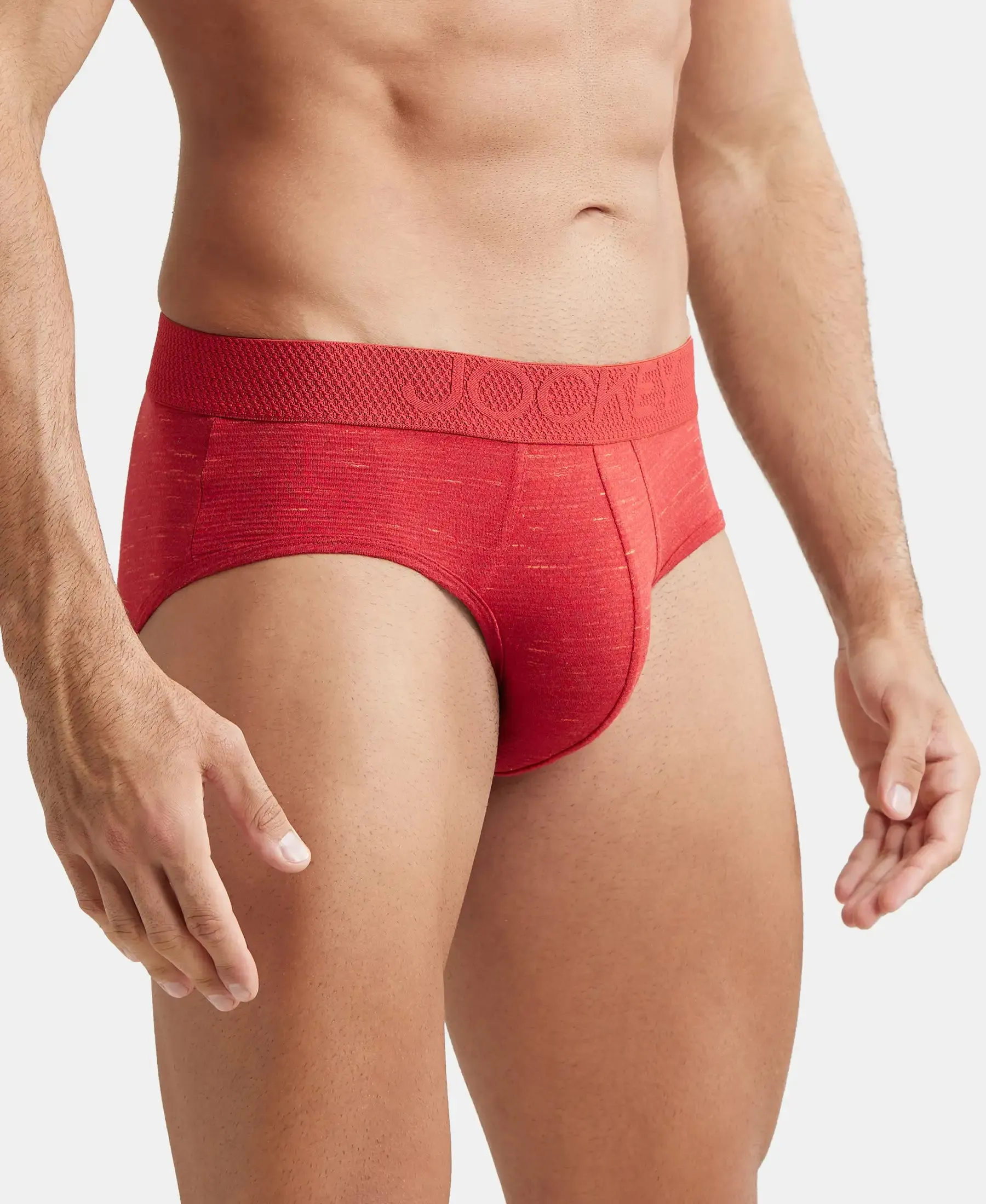 Bamboo Cotton Elastane Stretch Breathable Mesh Brief with StayDry Treatment - Red Multi Melange