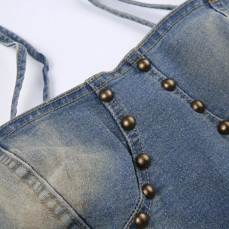 Beaded lace up stitch backless denim cami top