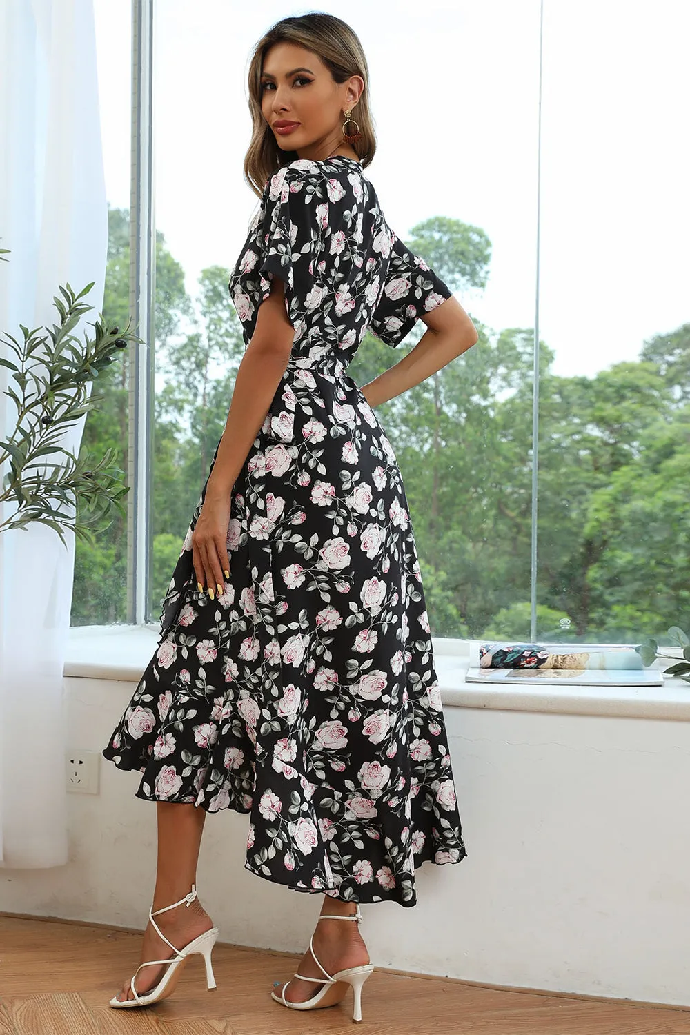 Black Floral Print High-low Summer Dress