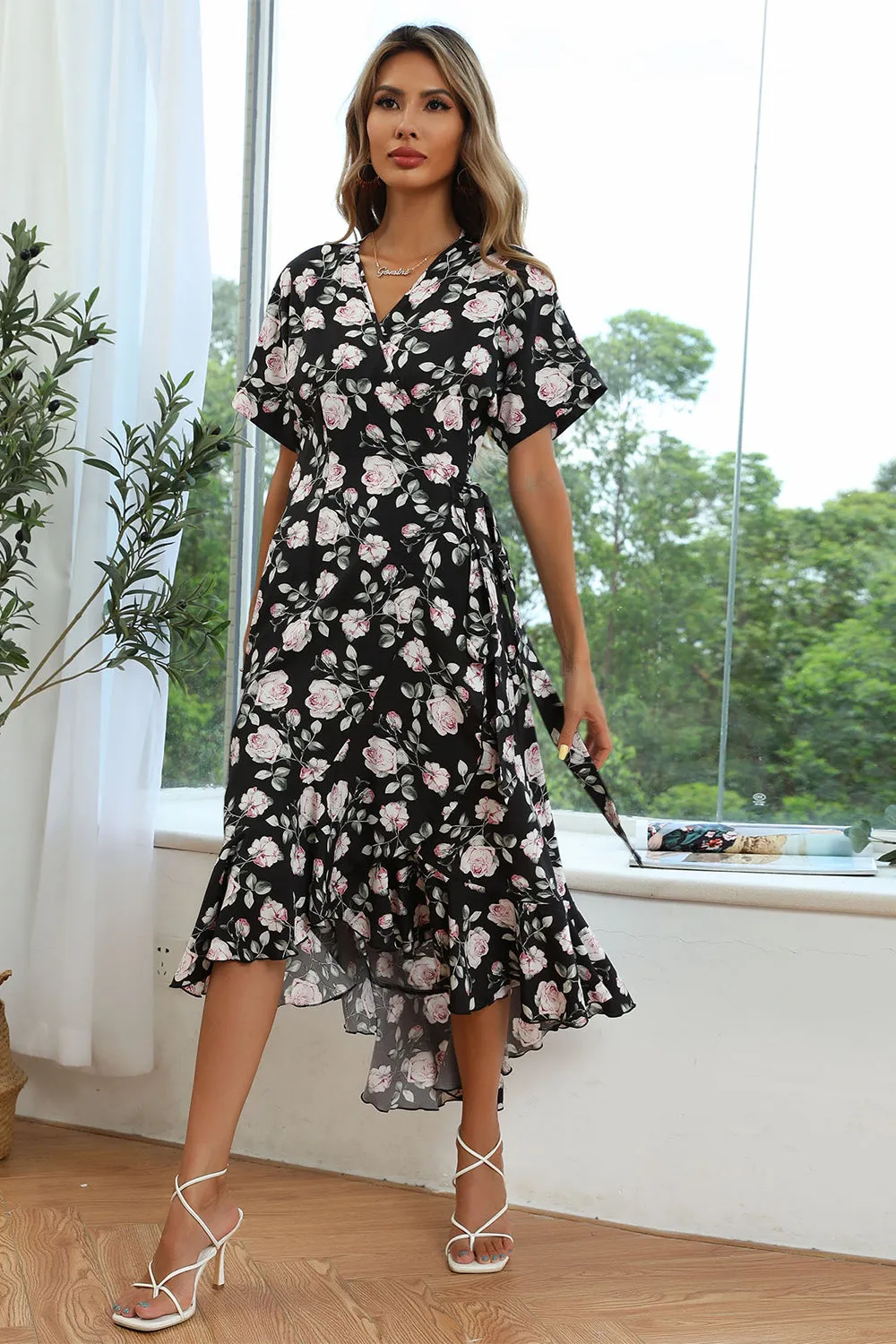 Black Floral Print High-low Summer Dress