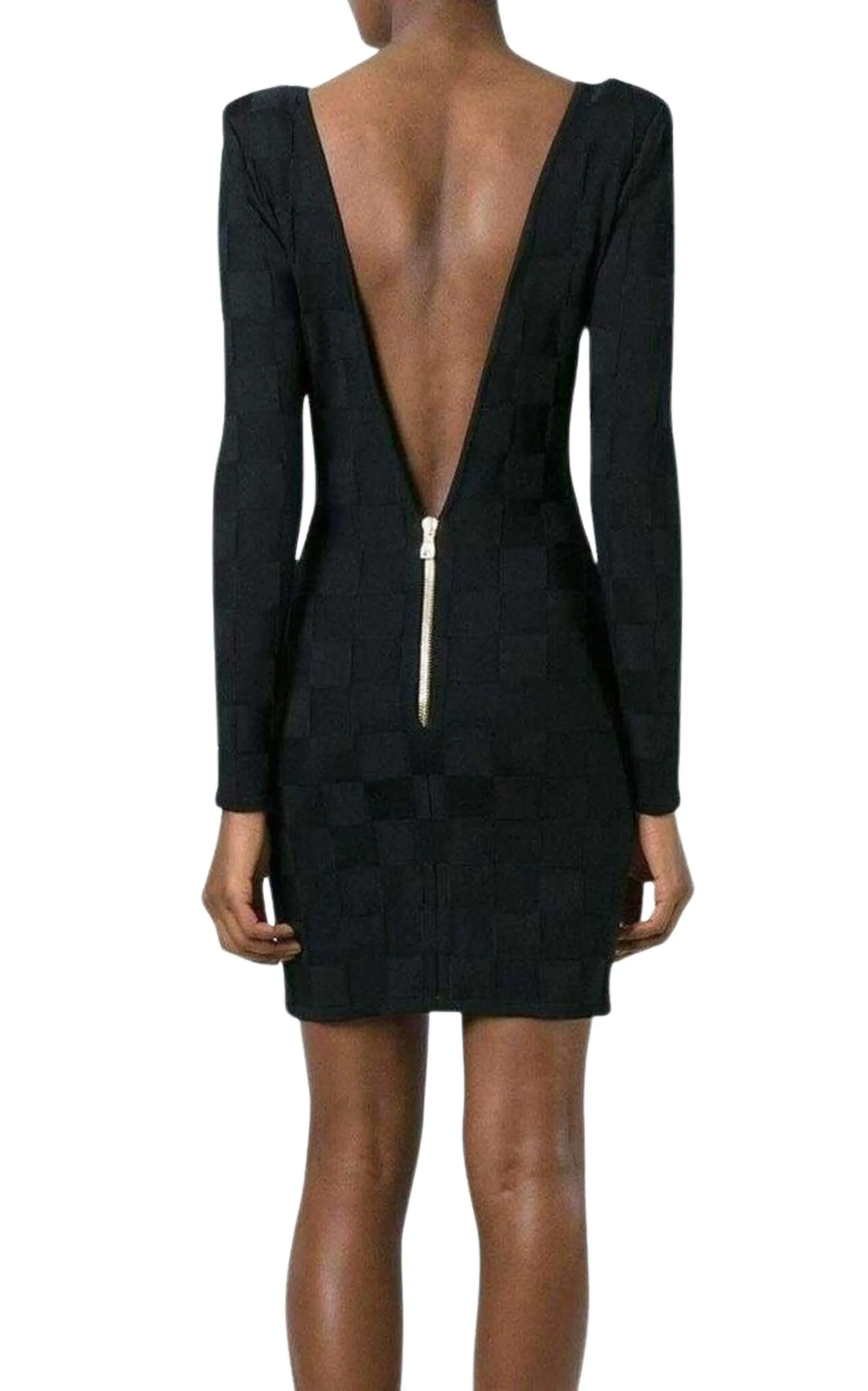 Check Jacquard Deep V-Back Dress