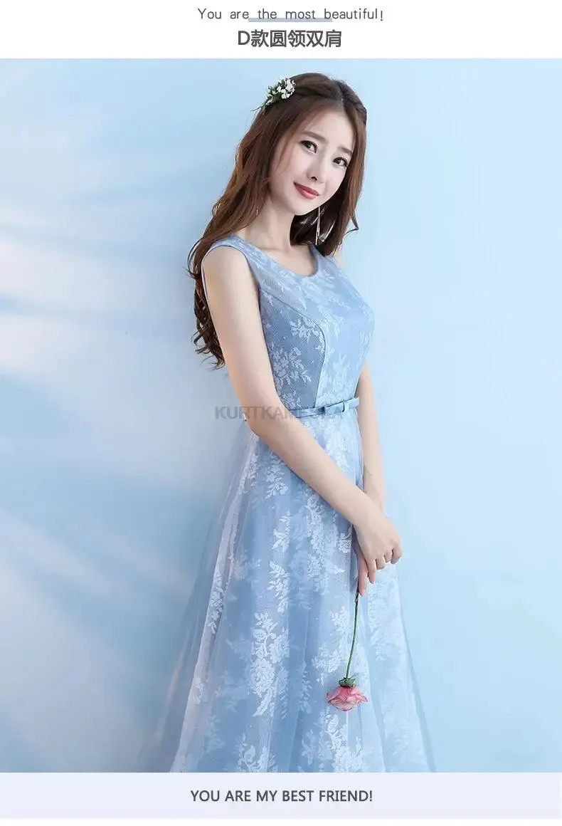 Elegant Bridesmaid Dresses for Women Blue Long Dress Tulle Appliques Wedding Banquet GownTemperament Ladies Prom Evening Dresses