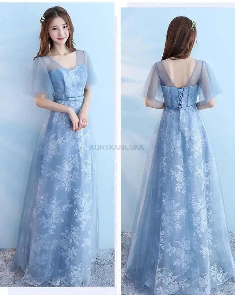 Elegant Bridesmaid Dresses for Women Blue Long Dress Tulle Appliques Wedding Banquet GownTemperament Ladies Prom Evening Dresses