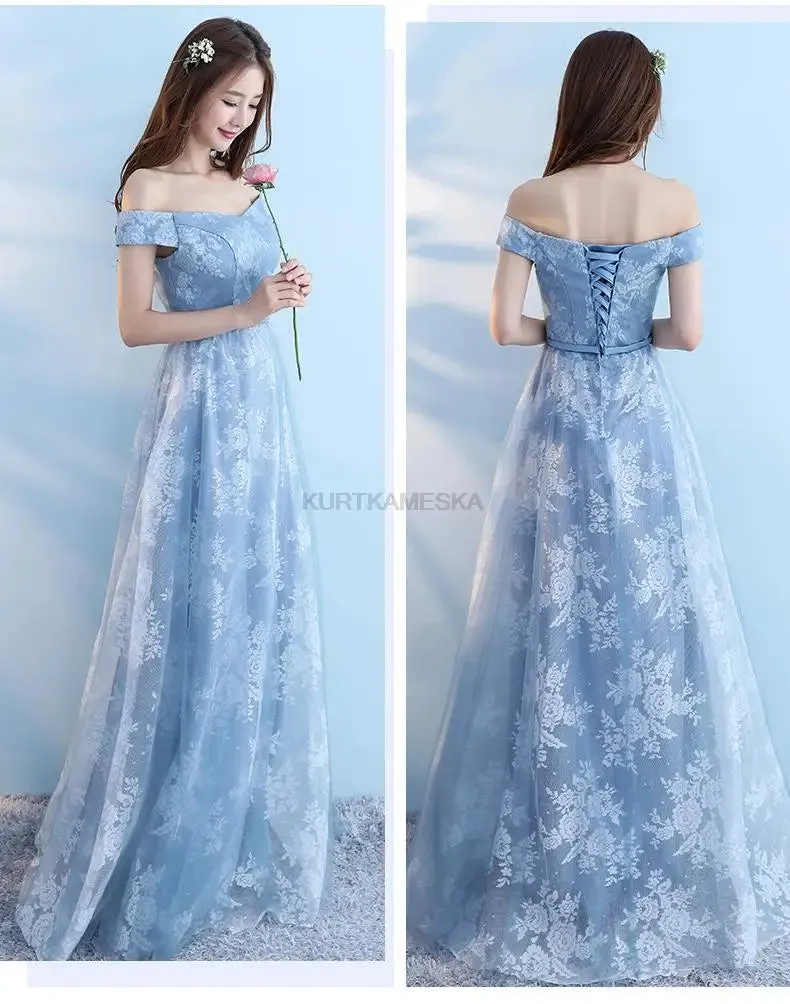 Elegant Bridesmaid Dresses for Women Blue Long Dress Tulle Appliques Wedding Banquet GownTemperament Ladies Prom Evening Dresses