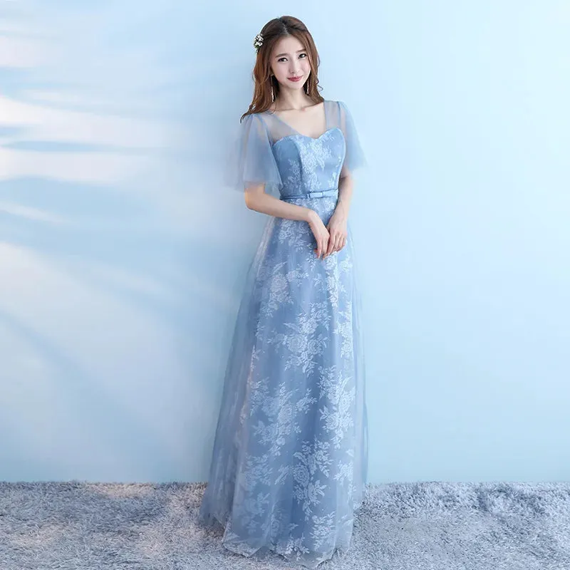 Elegant Bridesmaid Dresses for Women Blue Long Dress Tulle Appliques Wedding Banquet GownTemperament Ladies Prom Evening Dresses