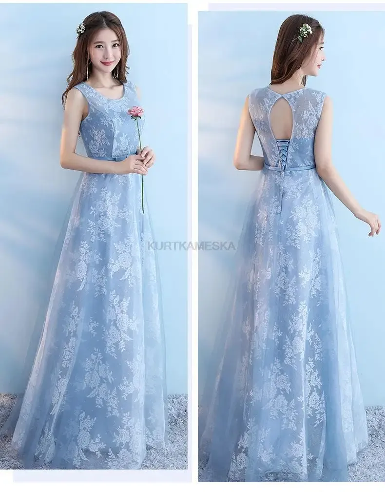 Elegant Bridesmaid Dresses for Women Blue Long Dress Tulle Appliques Wedding Banquet GownTemperament Ladies Prom Evening Dresses