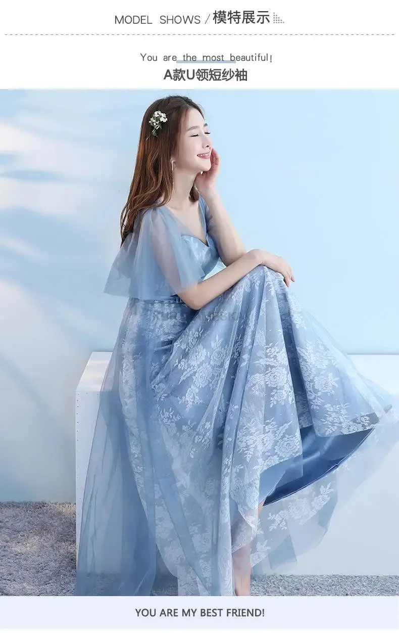 Elegant Bridesmaid Dresses for Women Blue Long Dress Tulle Appliques Wedding Banquet GownTemperament Ladies Prom Evening Dresses