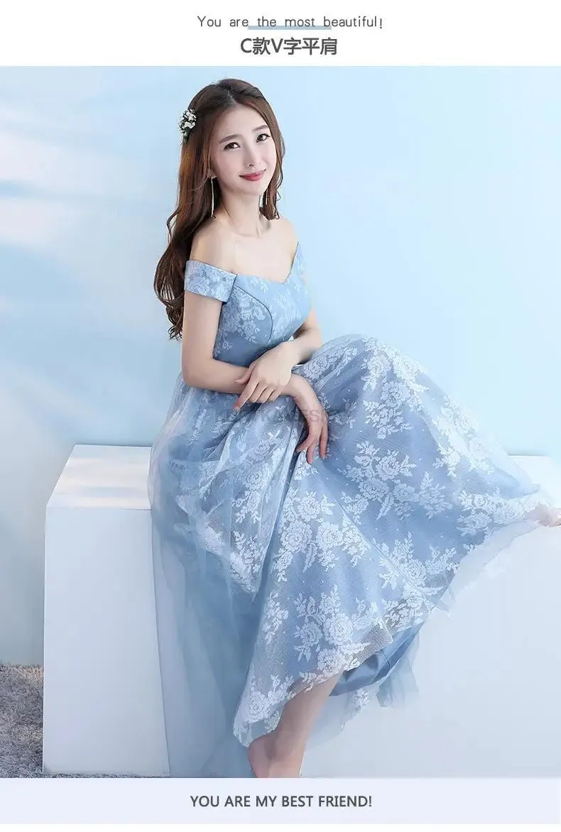 Elegant Bridesmaid Dresses for Women Blue Long Dress Tulle Appliques Wedding Banquet GownTemperament Ladies Prom Evening Dresses