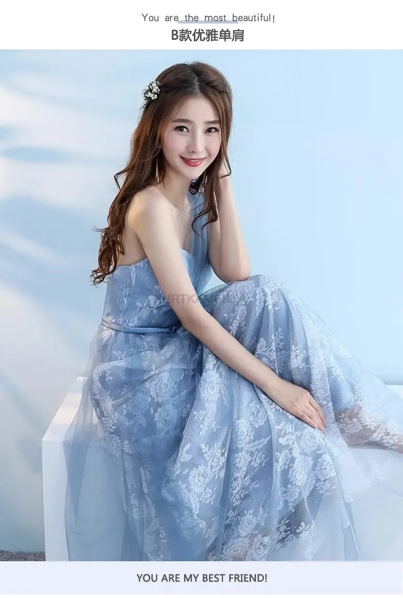 Elegant Bridesmaid Dresses for Women Blue Long Dress Tulle Appliques Wedding Banquet GownTemperament Ladies Prom Evening Dresses
