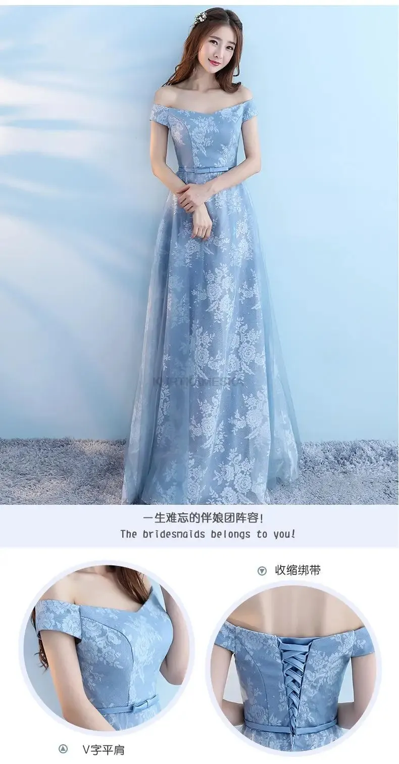 Elegant Bridesmaid Dresses for Women Blue Long Dress Tulle Appliques Wedding Banquet GownTemperament Ladies Prom Evening Dresses