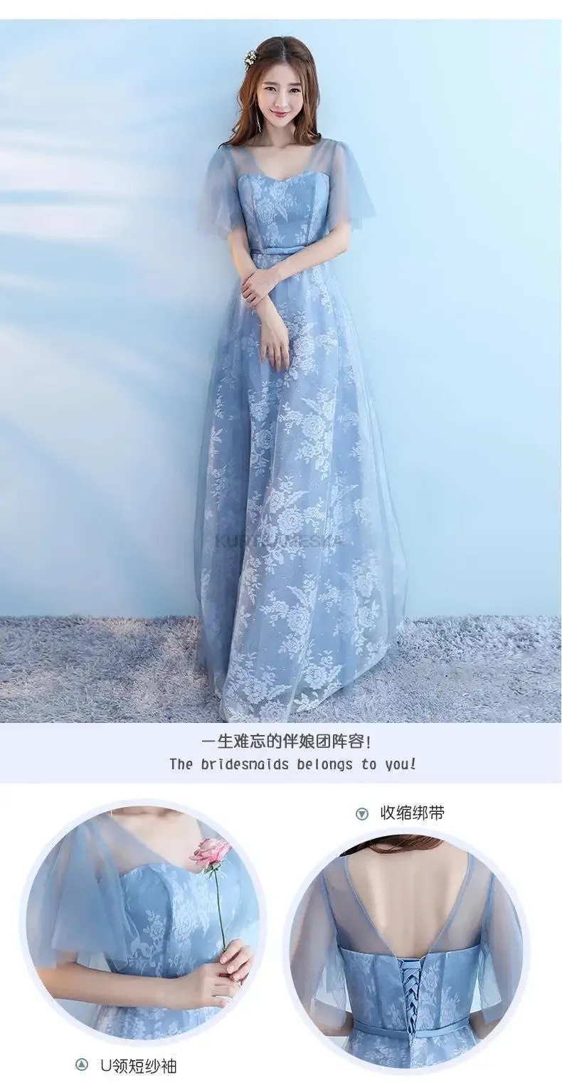 Elegant Bridesmaid Dresses for Women Blue Long Dress Tulle Appliques Wedding Banquet GownTemperament Ladies Prom Evening Dresses