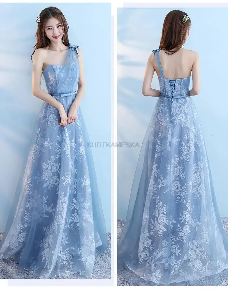 Elegant Bridesmaid Dresses for Women Blue Long Dress Tulle Appliques Wedding Banquet GownTemperament Ladies Prom Evening Dresses