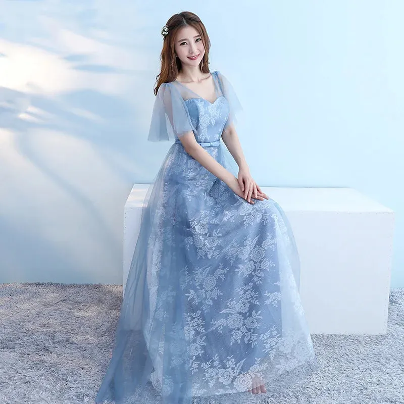 Elegant Bridesmaid Dresses for Women Blue Long Dress Tulle Appliques Wedding Banquet GownTemperament Ladies Prom Evening Dresses