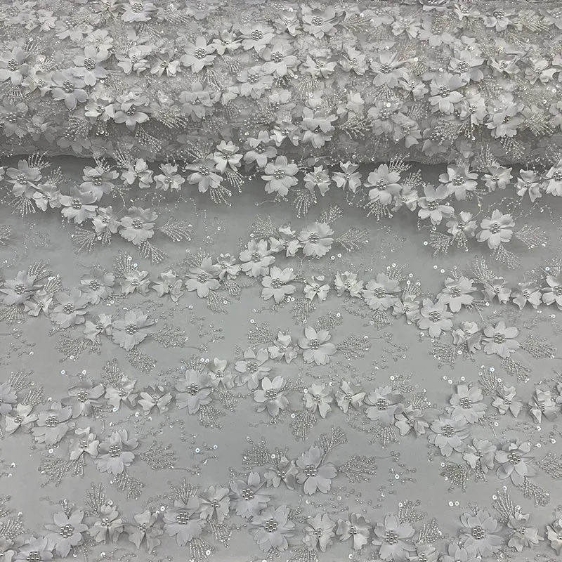 Embroidered 3D Flowers Beaded Lace Fabric With Sequins By The Yard