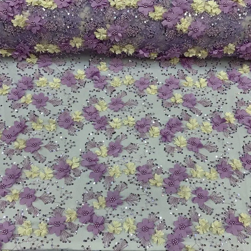 Embroidered 3D Flowers Beaded Lace Fabric With Sequins By The Yard