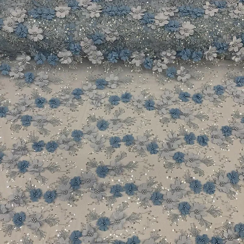 Embroidered 3D Flowers Beaded Lace Fabric With Sequins By The Yard
