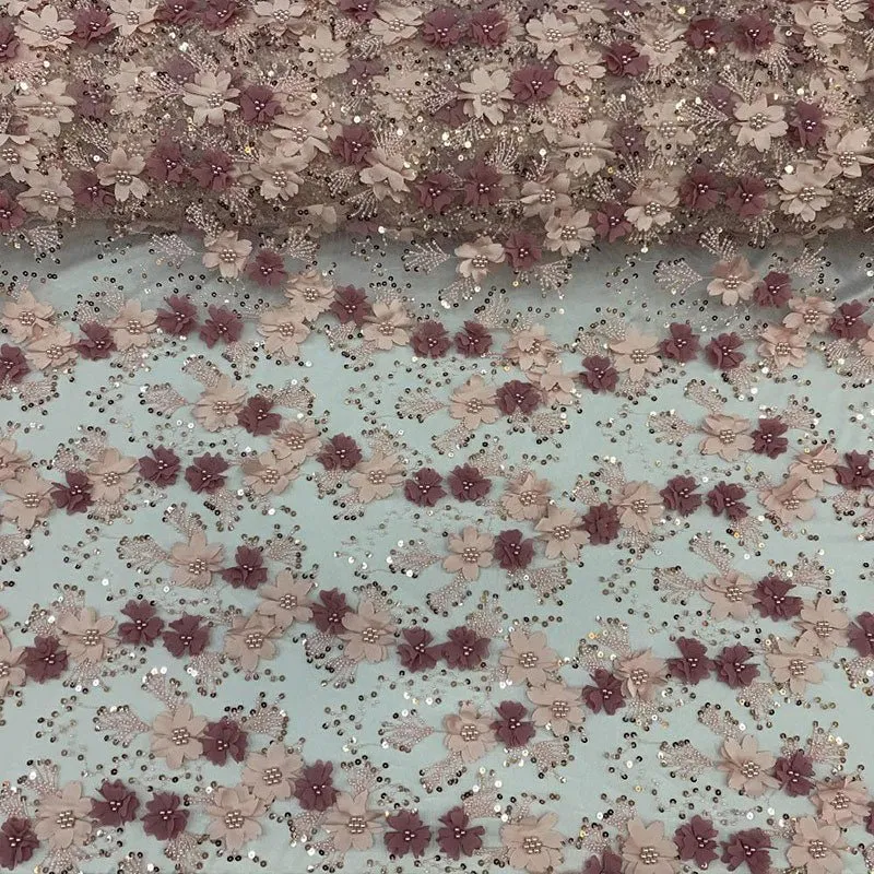Embroidered 3D Flowers Beaded Lace Fabric With Sequins By The Yard