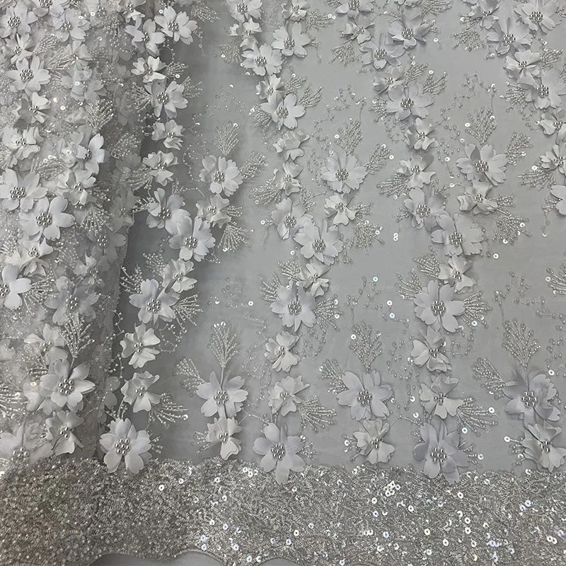 Embroidered 3D Flowers Beaded Lace Fabric With Sequins By The Yard