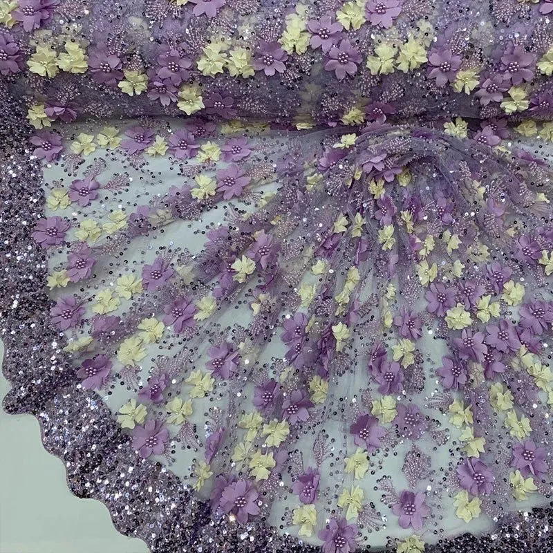 Embroidered 3D Flowers Beaded Lace Fabric With Sequins By The Yard
