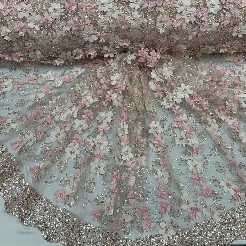 Embroidered 3D Flowers Beaded Lace Fabric With Sequins By The Yard