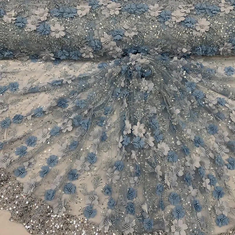Embroidered 3D Flowers Beaded Lace Fabric With Sequins By The Yard