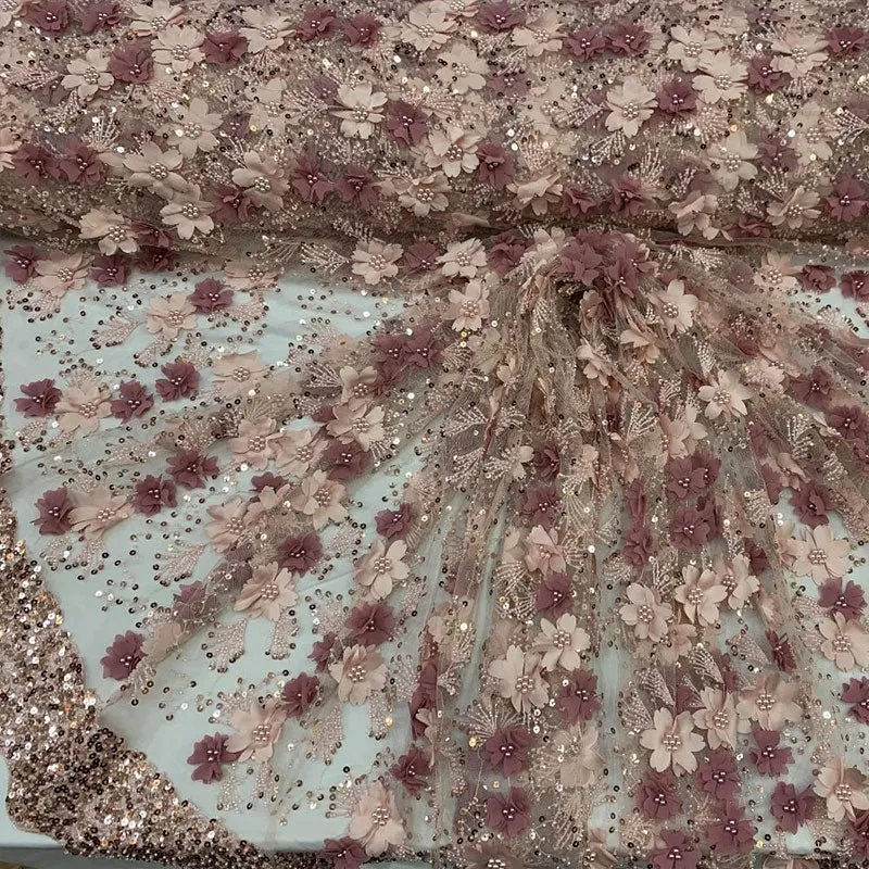 Embroidered 3D Flowers Beaded Lace Fabric With Sequins By The Yard