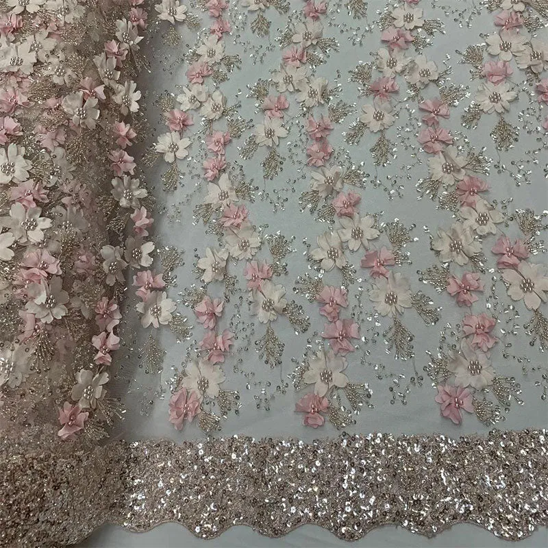Embroidered 3D Flowers Beaded Lace Fabric With Sequins By The Yard