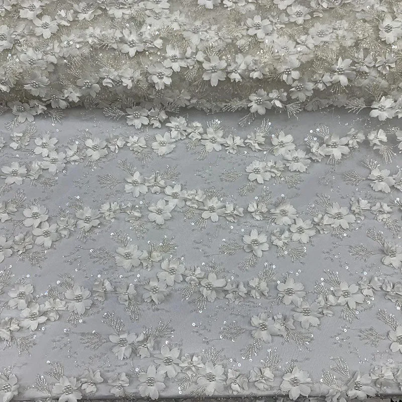 Embroidered 3D Flowers Beaded Lace Fabric With Sequins By The Yard