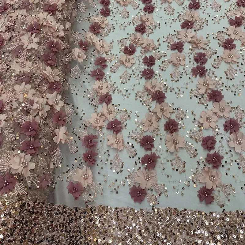 Embroidered 3D Flowers Beaded Lace Fabric With Sequins By The Yard