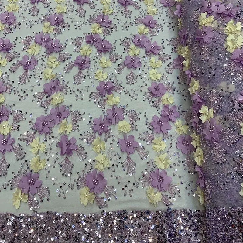 Embroidered 3D Flowers Beaded Lace Fabric With Sequins By The Yard