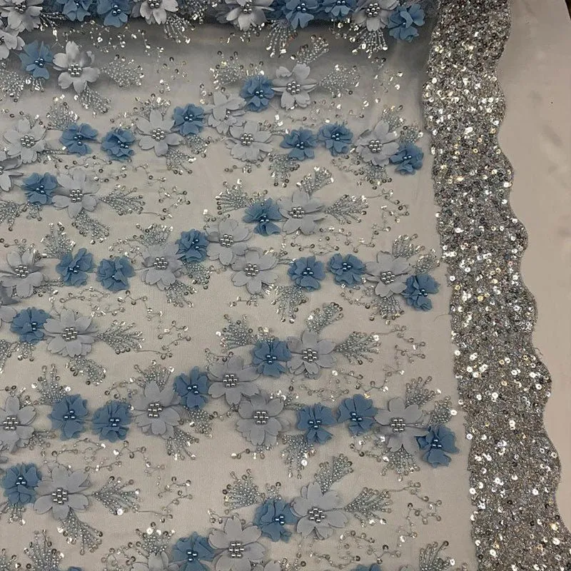 Embroidered 3D Flowers Beaded Lace Fabric With Sequins By The Yard