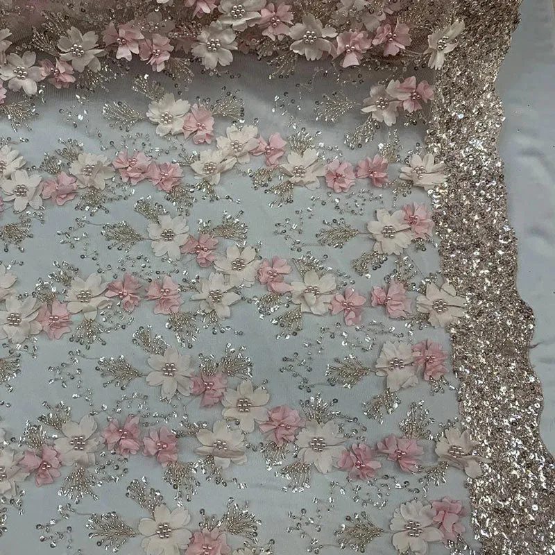 Embroidered 3D Flowers Beaded Lace Fabric With Sequins By The Yard