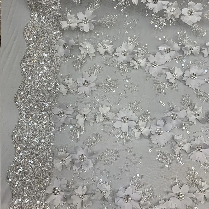 Embroidered 3D Flowers Beaded Lace Fabric With Sequins By The Yard