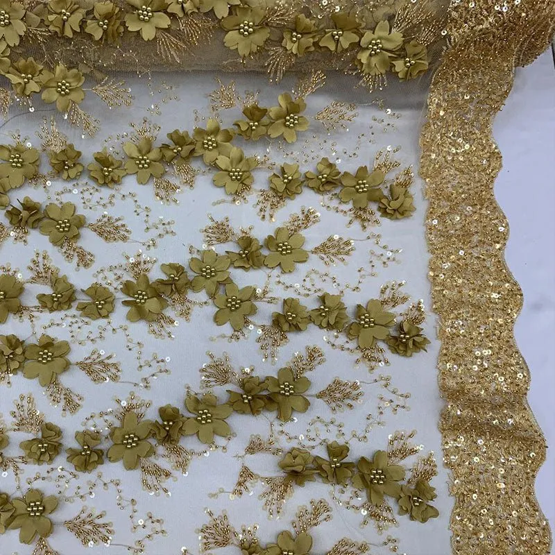 Embroidered 3D Flowers Beaded Lace Fabric With Sequins By The Yard