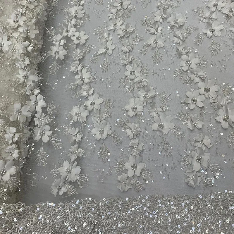 Embroidered 3D Flowers Beaded Lace Fabric With Sequins By The Yard