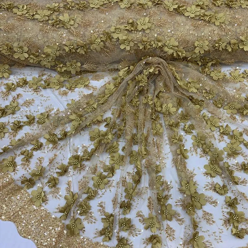 Embroidered 3D Flowers Beaded Lace Fabric With Sequins By The Yard