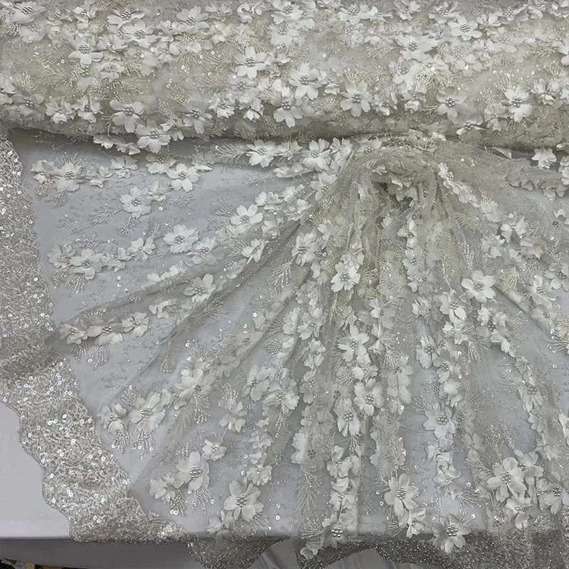 Embroidered 3D Flowers Beaded Lace Fabric With Sequins By The Yard