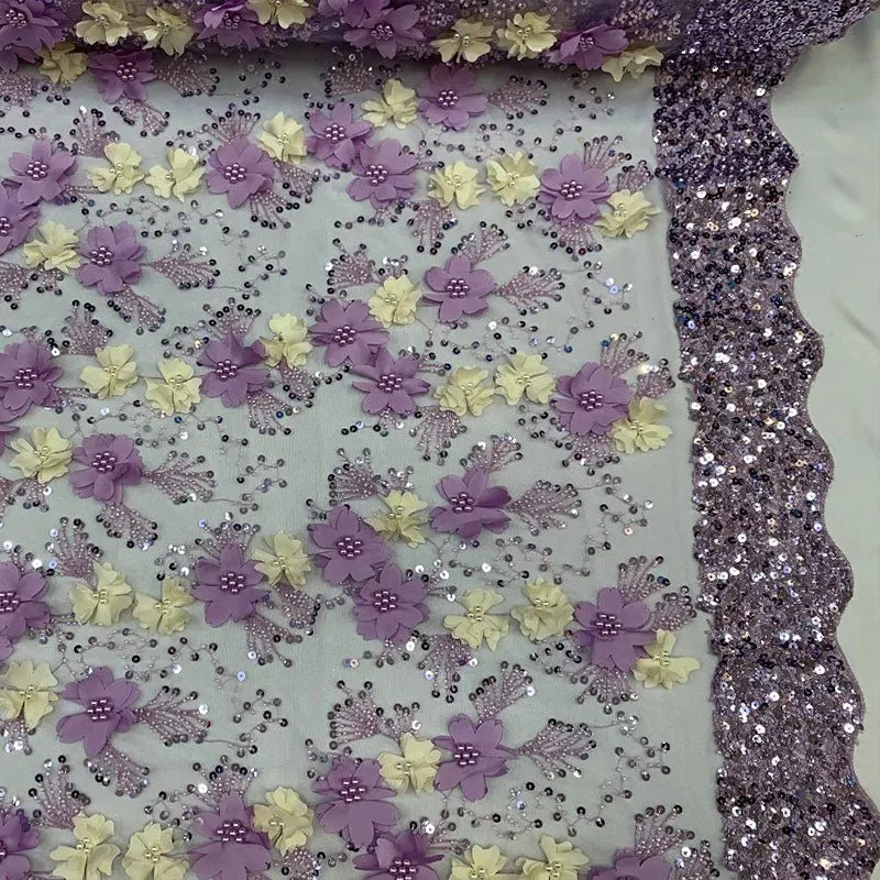 Embroidered 3D Flowers Beaded Lace Fabric With Sequins By The Yard