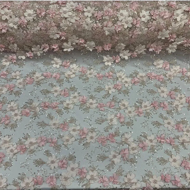 Embroidered 3D Flowers Beaded Lace Fabric With Sequins By The Yard