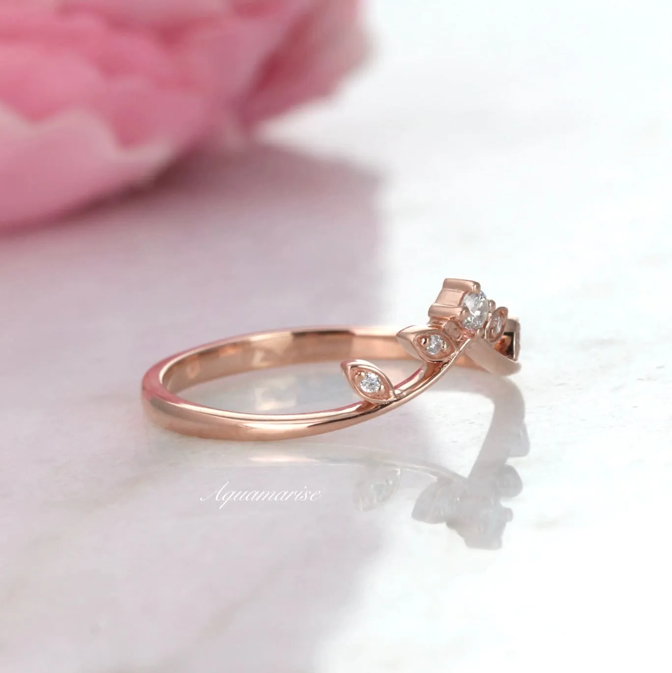 Floral Curved Wedding Band- 14K Solid Rose Gold