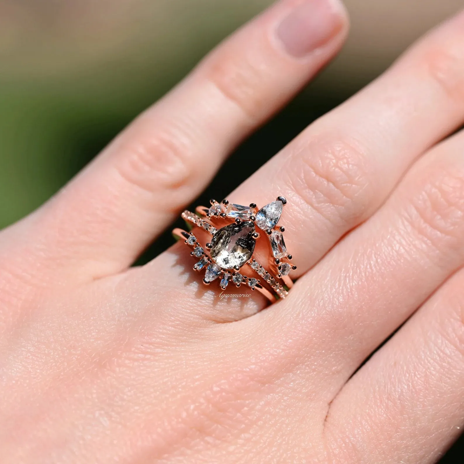 Galaxy Raw Salt & Pepper (Herkimer) Diamond Ring Set- 14K Rose Gold Vermeil