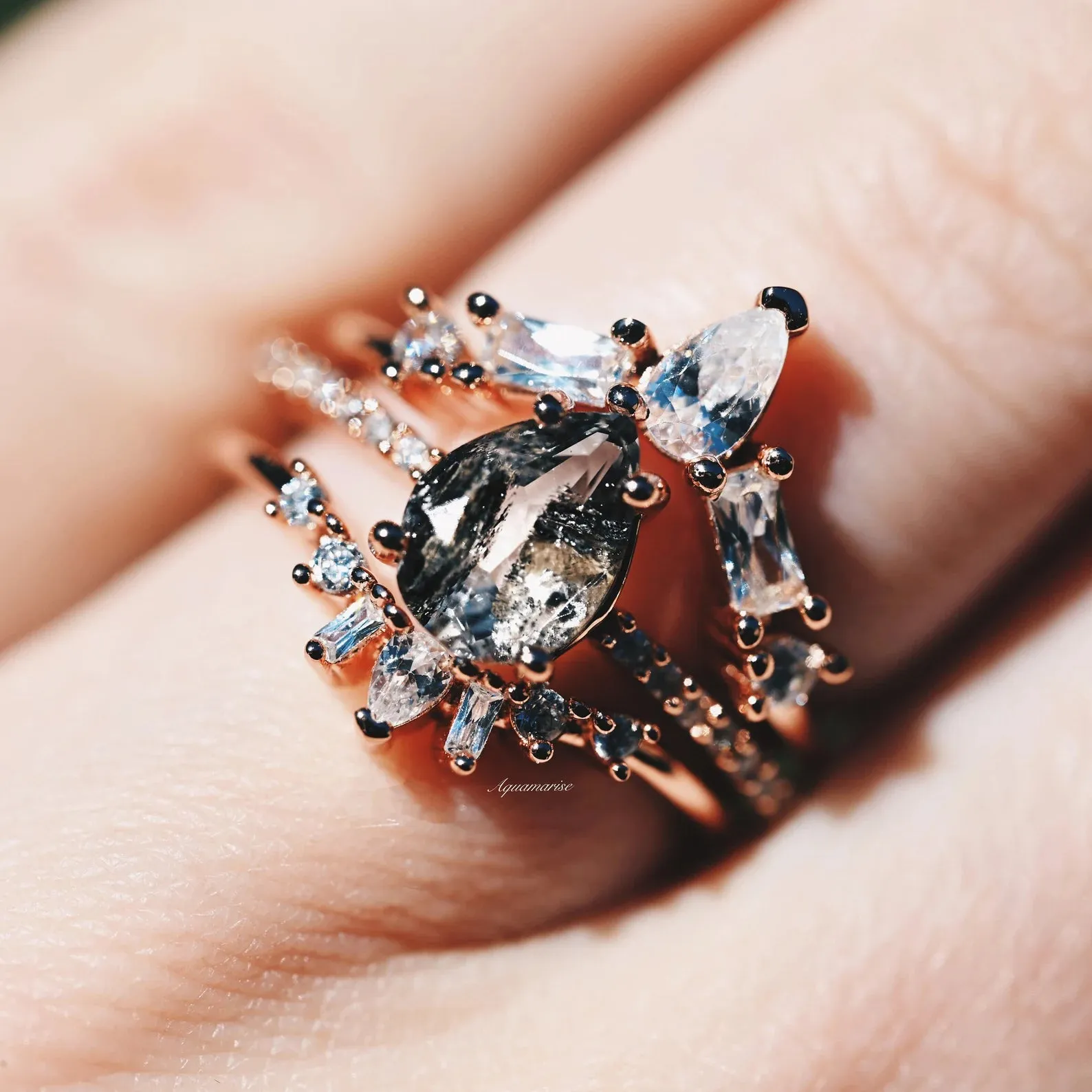 Galaxy Raw Salt & Pepper (Herkimer) Diamond Ring Set- 14K Rose Gold Vermeil