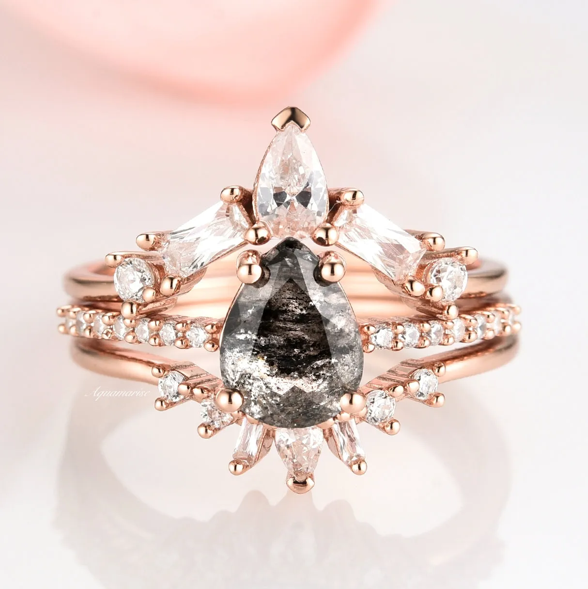 Galaxy Raw Salt & Pepper (Herkimer) Diamond Ring Set- 14K Rose Gold Vermeil